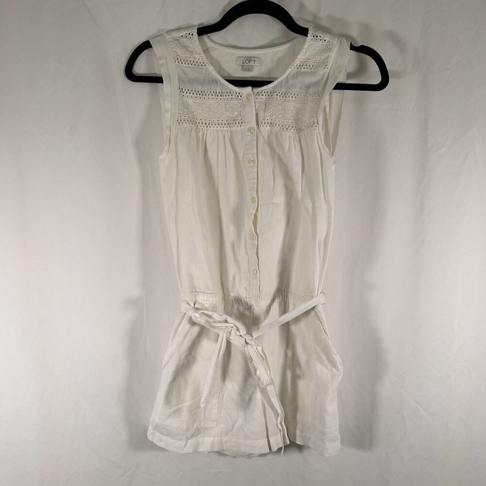 Loft Romper Women Xs White Short Sleeve Round Neck Sleeveless Lightweight Cotton